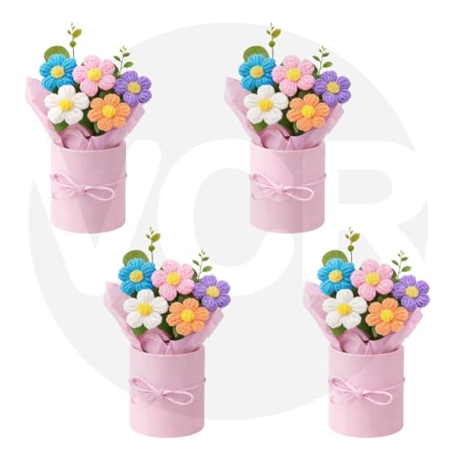 Image of VCR Handmade Mix Crochet Bouquet- Pack of 4 - Hand Woven Knitted Artificial Hand Knitted Bouquet Flower for Office Desk, Table, Car, Bedroom, Wedding & Special Occasions