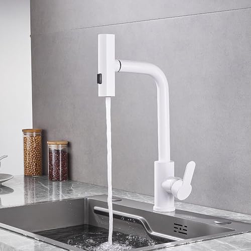 Grifo de cocina extraíble con rociador giratorio de 360°, mezclador blanco con diseño de cascada, grifo monomando para fregadero de agua fría y caliente, grifo moderno para fregadero de coci