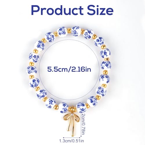 Blue and White Porcelain Beaded Bracelet, Beads Bow Charm Bracelet for Women Vintage Ceramic Bracelets Dainty Romantic Gift, Handmade Gold Beaded Jewelry for Her2