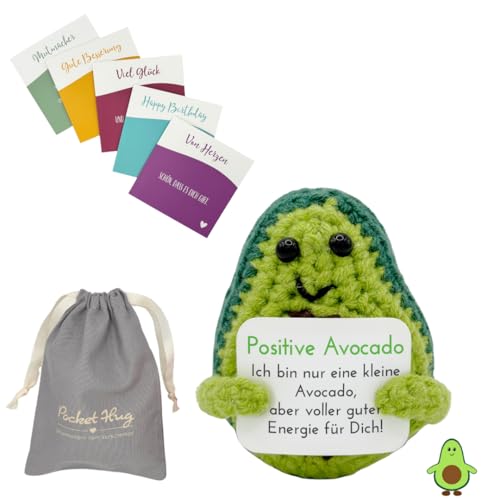 Pocket Hug Positive Avocado · Mutmachergeschenk für Freunde, Familie und Kollegen · Kreative Avocadofigur · Motivationsgeschenk & Glücksbringer deutsch · Handmade Woll-Avocado inkl. Zubehör