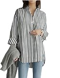Camisa de Mujer de Manga Larga con Rayas Verticales de un Cuarto-Negro-XL