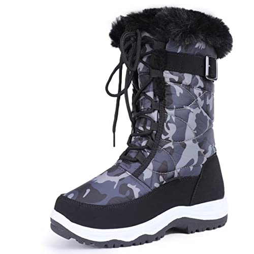 CIOR Women's Water-Resistant Fur Snow Boots Black Camo 39