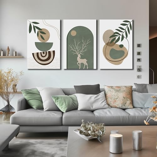 Image of Boho Sun Canvas Wall Art Set of 3, Neutral Abstract Minimalismt Bohemian Geometric & Botanical Plants Pictures Prints Artwork Paintings Wall Decor for Bedroom Living Room Home Decoration 24x36 inches