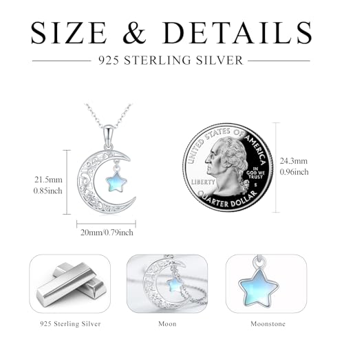 TRISHULA Moon Star Necklace, 925 Sterling Silver Crescent Moon Sun Pendant with Moonstone Crescent Jewelry Gift for Her Sister Birthday Christmas3