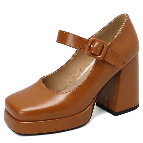 LUXMAX Women Square Toe Mary Janes Platform Chunky High Heels Pumps Ankle Strap Patent Leather Block Heel Buckle Pumps