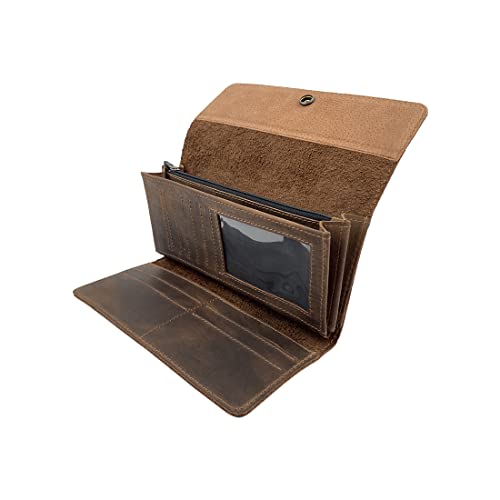 Heather's, Minimalist Tri Fold Folio Wallet for Women, Card Saver, Stylish Organizer with Button Closure and Zipper Coin Pocket, Full Grain Leather, Handmade, Bourbon Brown4