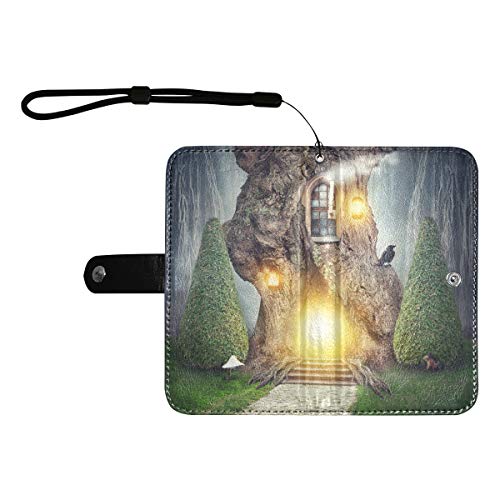 Rtosd Funda de Cuero con Tapa abatible Forest Fairy Tree House Funda con Tapa con Ranuras para Tarjetas Correa para la muñeca PU Cartera de Cuero para teléfono móvil Grande