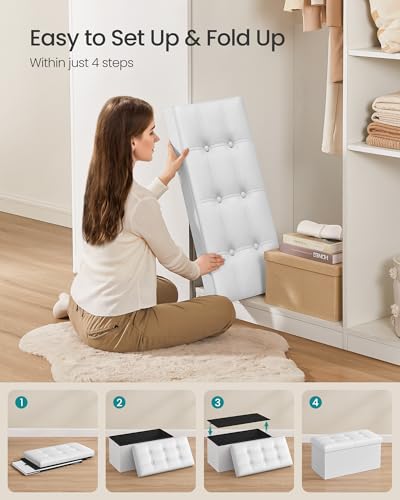 Image of SONGMICS MAZIE Collection - 30 Inches Folding Storage Ottoman Bench, Ottoman with Storage, Foot Rest Stool, Load 660 lb, for Living Room, Synthetic Leather, White ULSF106