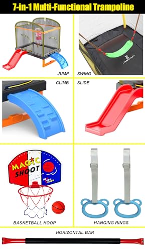 LANGXUN 6.5Ft 7-in-1 Rectangle Trampoline for Kids, with Climb, Slide, Swing, Basketball Hoop, Multi-Functional Indoor Outdoor Baby Toddler Mini Trampoline for Girls and Boys Birthday Gift, Age 1-10