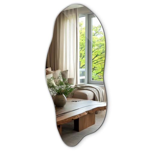 Grande Specchio 45x100 cm Stile Scandinavo per Cucina, Bagno, Camera da Letto, Ingresso e Corridoio Organico Artistico Forma Irregolare Bordo Ondulato Decorativo Asimmetrico Montaggio da Muro
