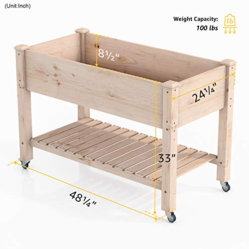 AMZFINE Heavy Duty Wooden Raised Garden Bed Kit with Lockable Wheels/Storage Shelf, Solid Wood Elevated Planter Box -48\" L x 24.5\" W x 32\" H, Natural