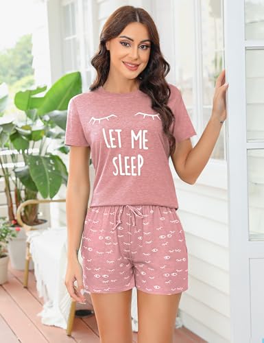 Uniexcosm Schlafanzug Damen Kurz Baumwolle Zweiteiliger Pyjama Set Kurzarm Nachtwäsche Wimperndruck Sleepwear Hausanzug Loungewear Stil 1:Hellrosa-1 M 3