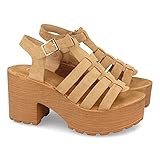 Sandalia para Mujer, con Tacon y Plataforma, Comodas, Pala Estilo Cangrejera, con Cierre de Hebilla, Primavera Verano 2021. Talla 36 Beige