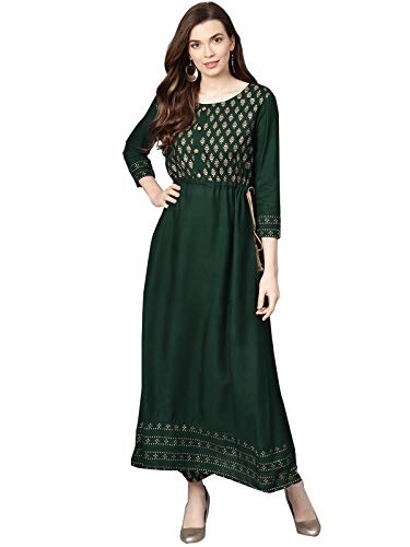 Image of Ishin Women's Viscose Rayon Green Printed Anarkali Kurta suit set with Palazzos