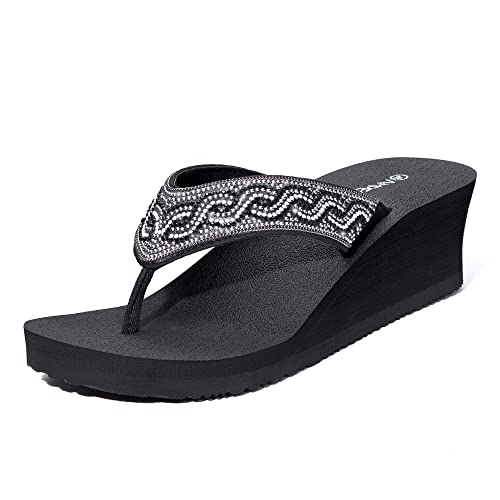 Ampeo Wedge Flip Flops for Women, Rhinestone Thong Platform Wedge Sandals,Black,Size 9.5