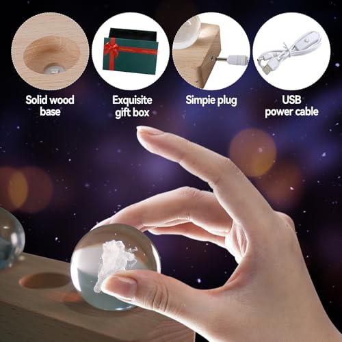 Image of JOJOCY Christmas Glass Crystal Ball Light with Wooden Base, USB-Powered Colorful LED Night Lamp with 7 Christmas Tree Santa Claus and Elk Patterns for New Year's Gift