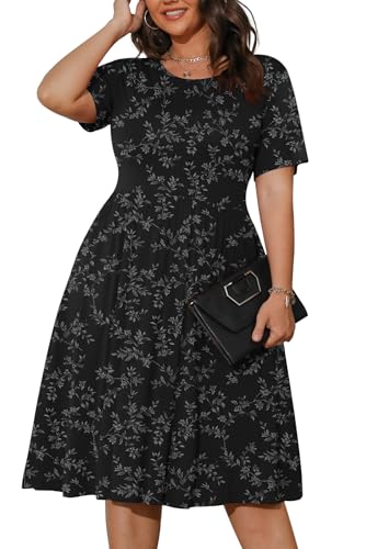 Image of POSESHE Womens Plus Size Summer Dress 2026 Casual Short Sleeve Empire Waist Loose Fit Swing T-Shirt Dress with Pockets