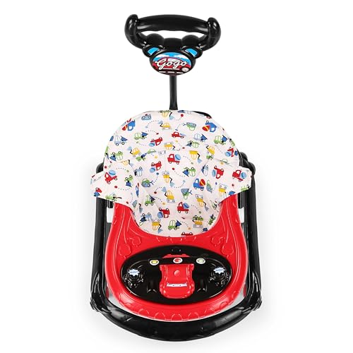 Image of BabyGo Gogo Baby Walker for 6-24 Months, Baby Walker with Push Handle & Activity Tray, Foldable Adjustable Height Infant Walker with Wheels, Music,Toy Bar and Comfotable seat (Red)