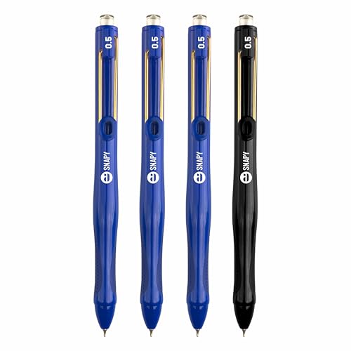 Image of Anupam Snapy Roller Gel Pen 0.5 mm, Waterproof Smooth Quick-Dry Dark Ink, Comfortable Grip Exam & Office Pen, Refillable (3 Blue Body BlueInk, 1 Black Body BlackInk)