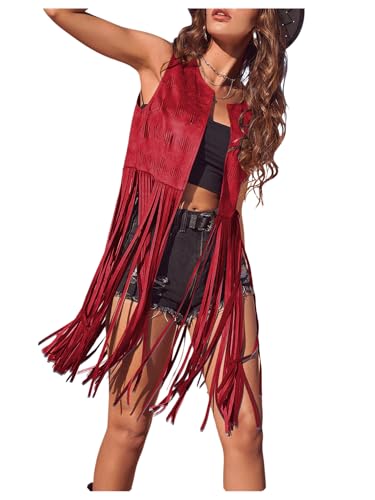 BEAUDRM Women's Fringe Vest Sleeveless 70s Hippie Faux Suede Trim Western Cowgirl Tassel Jacket Cardigan Red Large
