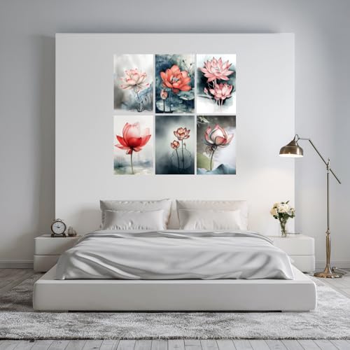 Image of SiddArtify Lotus Flower Wall Art Prints Set - Watercolor Floral Poster Decor for Living Room Bedroom Office - 12x18 inch Sticker Pack of 6