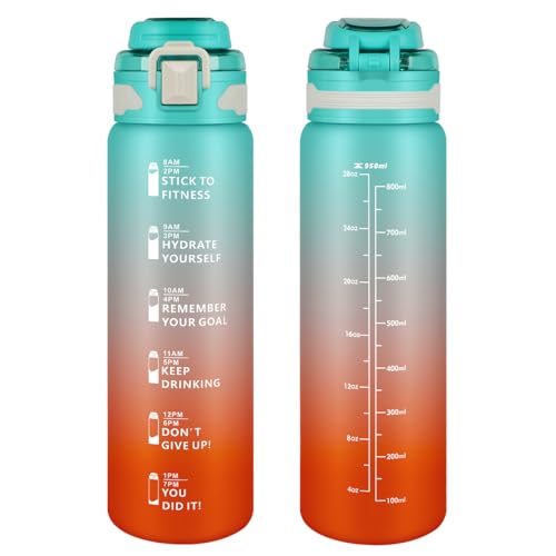 32 oz Water Bottle with Straw & Time Marker, Reusable Plastic Lea...