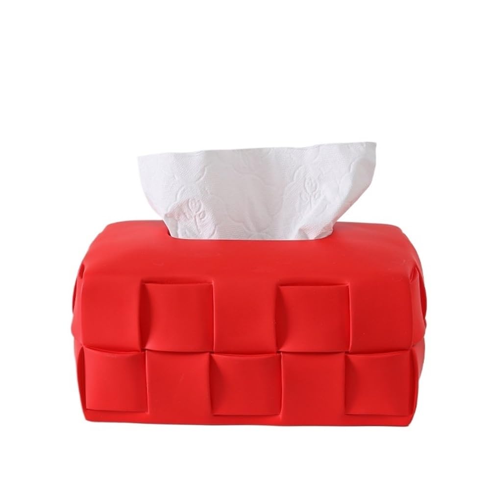 Tissue Case Tissue Box Ceramic Square Woven Texture Home Living Room Desktop Organizer Tissue Dispenser(Red)