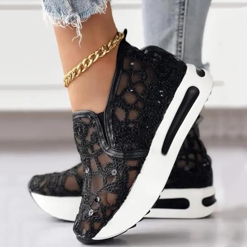 Women's Floral Embroidery Mesh Sneakers Breathable Slip On Wedges Walking Shoes Fashion Sequin Lace Platform Sneakers Hidden Wedge High Top Comfort Work Outdoor Travel Sports Shoes4