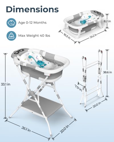 Image of 2-in-1 Baby Bath with Stand, Foldable Dinosaur Bathtub for Infant to Toddler, Portable Travel Tub with Soft Cushion for 0-18 Months, Gray