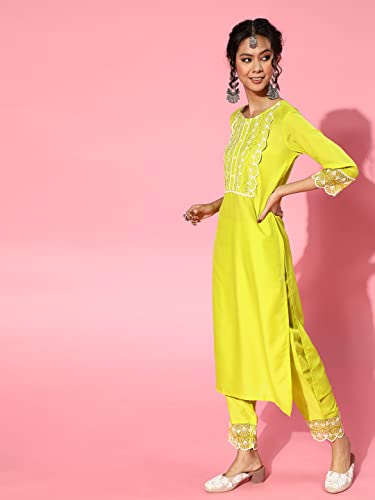 Image of INDO ERA Women's Silk Blend Floral Embroidered Straight Kurta with Pant & Dupatta Set (21DDD8446 Olive)