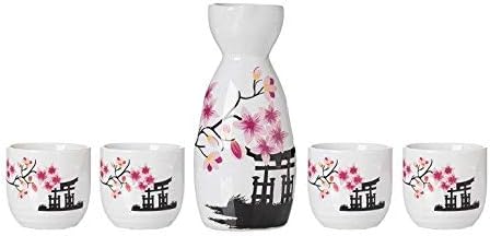 TJ Global5-Piece Sake Set, Durable Ceramic Japanese Sake Set with 1 Carafe/Decanter/Tokkuri Bottle and 4 Ochoko cups for Hot or Cold Sake at Home or Restaurant - Temple and Flowers