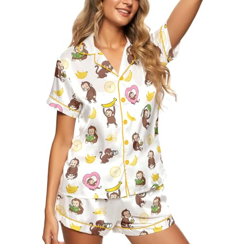 Image of Women 2 Pcs Short Satin Pajama Set Printed Silky Soft Loungewear | Luxurious silk-feel satin; comfortable relaxed fit for sleep & lounge; elastic waistband shorts; gift, easy care