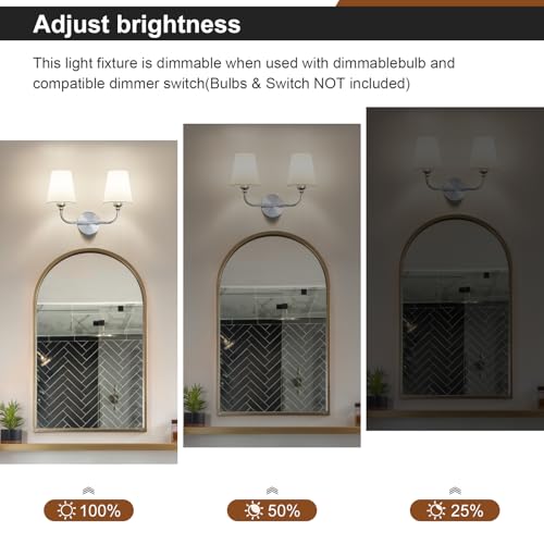 Image of Bathroom Vanity Light Brushed Nickel Bathroom Lighting Fixtures Over Mirror | 2-Light Bathroom Light Fixtures with Flared White Fabric Shade, E26 Socket (ETL Listed)