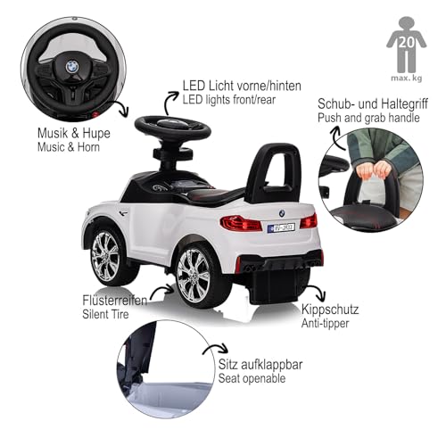 JAMARA 464015 Rutscher BMW M5, Car Fahrzeug, Spielzeug Kinderauto Kids, ab 12 Monate, Musik, Kippschutz, Kofferraum, Flüsterreifen, Hupe am Lenkrad, Schub- und Haltegriff