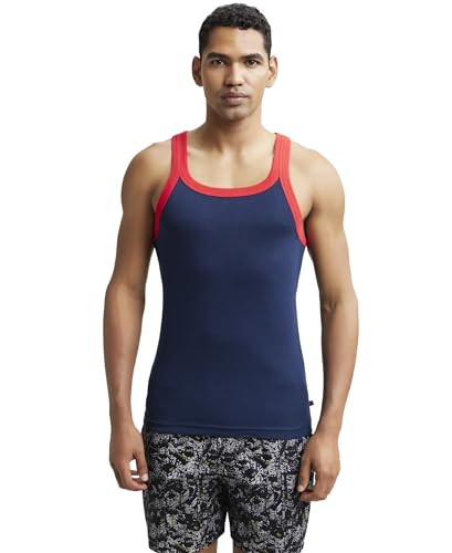 Image of Jockey US27 Men's Super Combed Cotton Rib Square Neck Gym Vest (Shoulder Strap Color May Vary) Navy & Red Pepper M