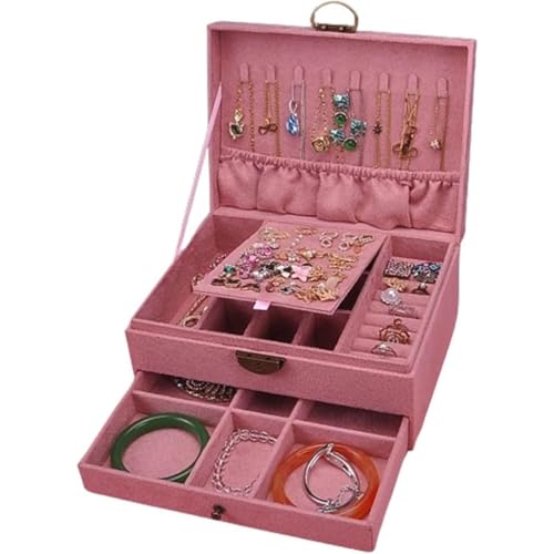 ITMEATジュエリーボックスアクセサリーケースジュエリー収納宝石箱大容量鍵付き引き出しおしゃれ小物入れネックレスピアスリング指輪置き女性用女の子グリーン (23×17×10.5cm,ピンク)
