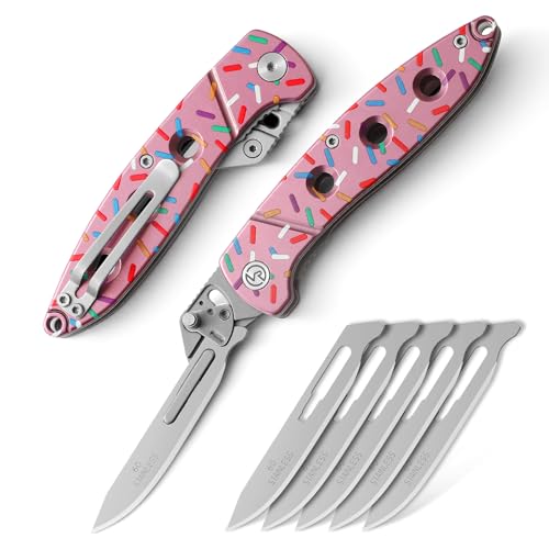 VR VIRENKNIFE Pink Folding Scalpel Knife,Pocket Knife with 6pcs Replaceable Blades #60, EDC Utility Knife,Sharp Skinning Knives for Hunting, Fishing, Camping(Donut)