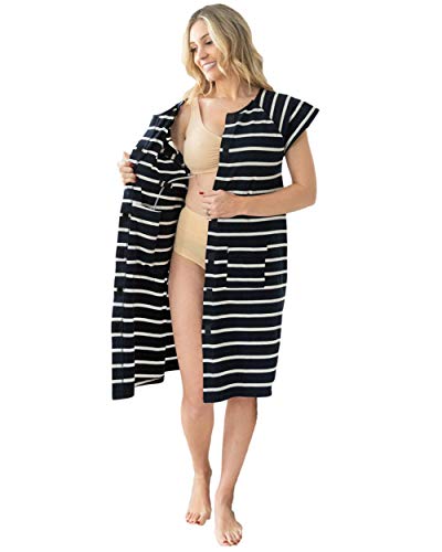 Gownies Surgical Recovery Patient Hospital Gown With Internal Pockets for Post-Op Drainage (Navy Stripe, XXL 16-18)