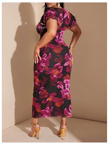 Women's Plus Size Floral Maxi Dress V Neck Ruffle Short Sleeve Bodycon Vacation Mesh Dresses2