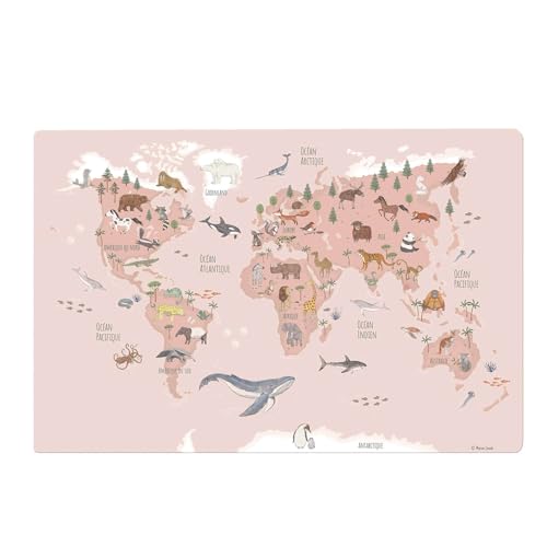 Sous-main de bureau pour enfants – « Carte du monde Animaux rose français » – 60 x 40 cm – en vinyle premium – Fabriqué en Allemagne
