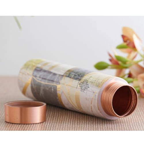 Image of INDIAN ART VILLA Copper Gold Print Copper Bottle, Copper Drinkware, 800 ML, Gold Printed White