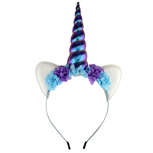 YanJie Shiny Unicorn Horn Ears Flower Headband Cosplay Costume (blue iridescent)