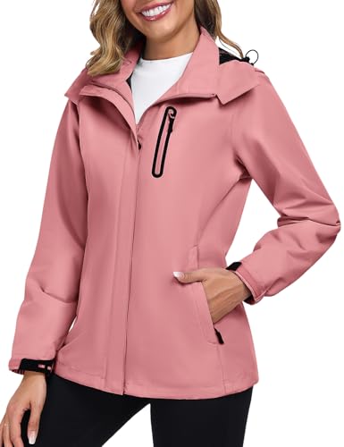 UMIPUBO Donna Giacca Impermeabile Antipioggia Softshell Giubbino Antivento Sportiva Traspirante Leggero Trekking Cappuccio Autunnale Trench Giacchetto(Rosa,XL)