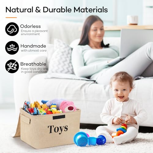 Toy Storage Box Organizer Baskets, 2 Pack Burlap Kids Toys Storage Baskets Bins with Lids & Metal Frame, Collapsible Toy Baskets for Closet Shelves, Nursery, Livingroom, Playroom, 15\"x10\"x9.8\"