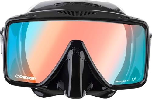 CRESSI SF1 Máscara sin Montura Diseño Cuadrado para Buceo y Snorkel, Unisex-Adult, Negro 380 UV Lente Azul/Naranja, Talla Única