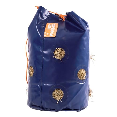 GG Equine HayPlay Slow Feed Tie Bag Large 20" Diameter x 38" Tall - fits 3-4 Flakes of hay - 3 inch Holes - Heavy Duty - Bottom Drain Hole - Stall, Trailer, Field, or Paddock