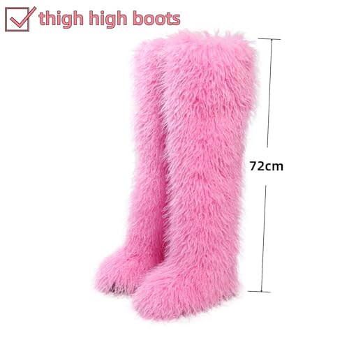 Image of Black Thigh High Fur Boots, Over the Knee Fluffy High Boots, Tall Furry shoes for Women