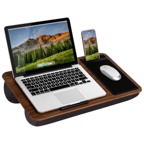 Image of LAPGEAR Home Office Lap Desk - Dark Espresso Woodgrain, Fits 15.6 inch Laptops | Built-In Mouse Pad & Phone Slot, Integrated Device Ledge, Dual-Bolster Microbead Cushion, Carry Handle