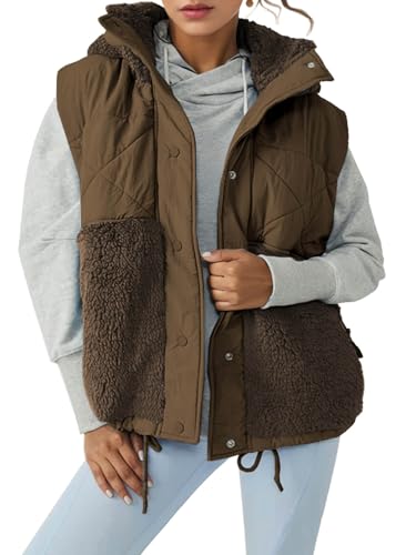 Imily Bela Womens Winter Sherpa Fleece Vest Stand Collar Button Down Sleeveless Jacket Casual Hooded Coat Outerwear
