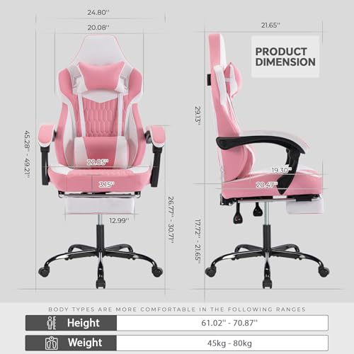 Image of Gaming Chair with Footrest for Home Office - High Back Computer Chair with Headrest and Lumber Support, Ergonomic Height Adjustable Leather Game Chairs (Pink+White)
